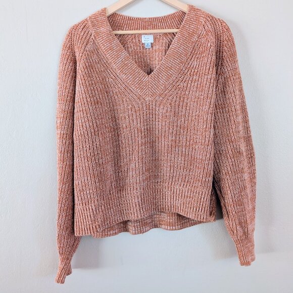 a new day Orange Marled Knit V Neck Cozy Sweater Chunky Knit Fishermancore M - Picture 1 of 5